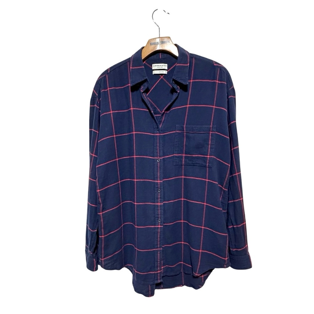 Aritzia Community Linen Blend Blue and Red Plaid Button Down Shirt Size Small